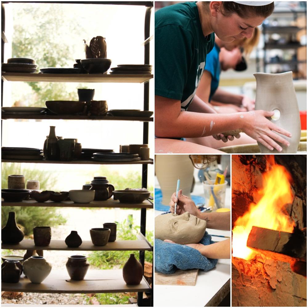 Collage image of student working on the potter’s wheel, flames from a kiln, sculpting techniques and cart with pottery. 